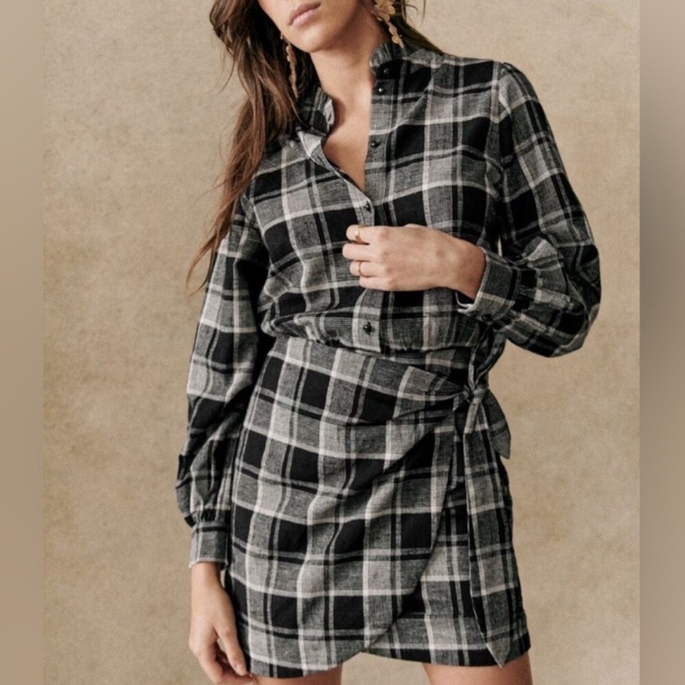 Sezane Capri Mini Dress Faux Wrap Washington Check Black White Plaid 34/2